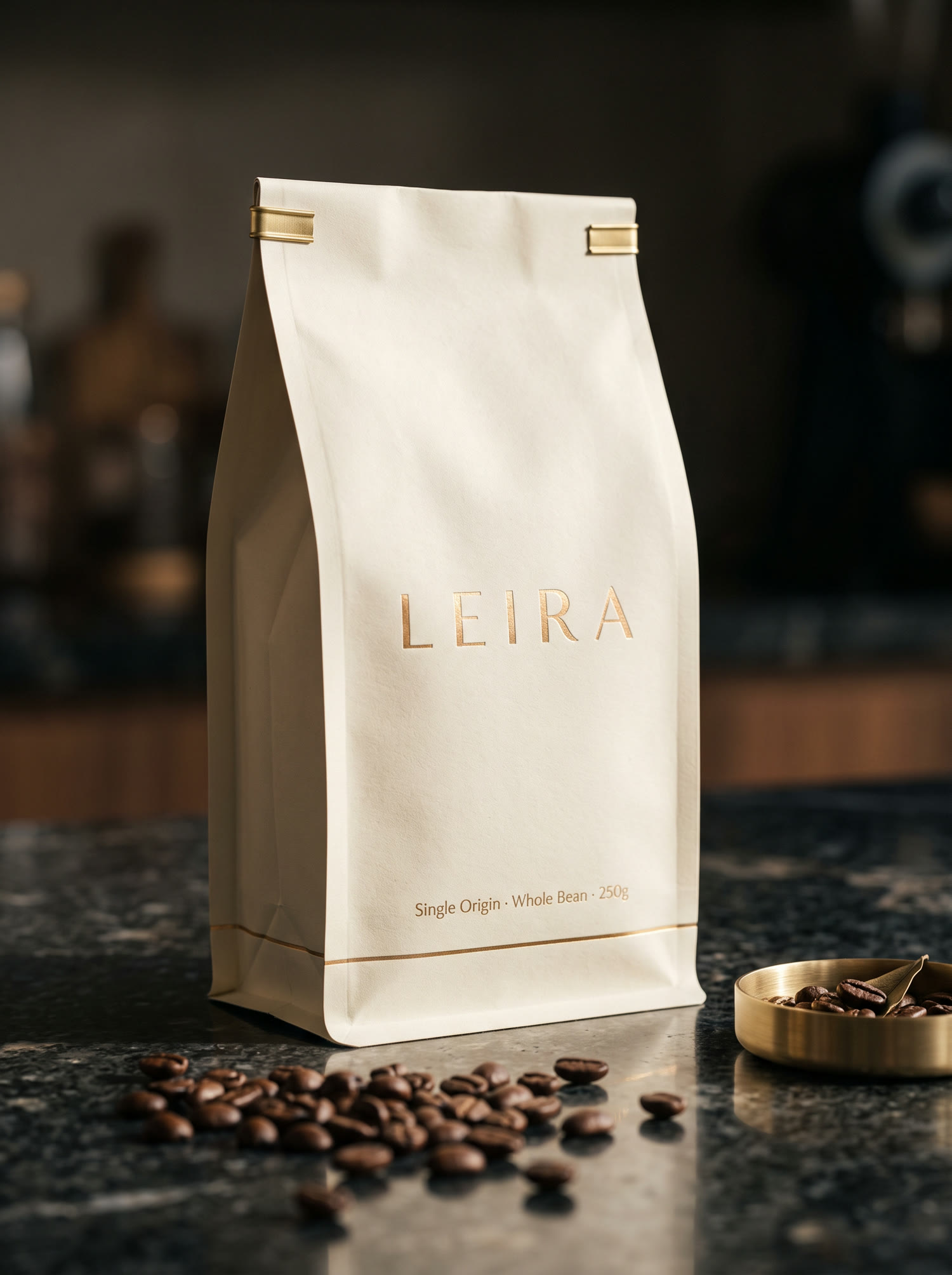 A plain product photograph of a coffee bag on a kitchen counter